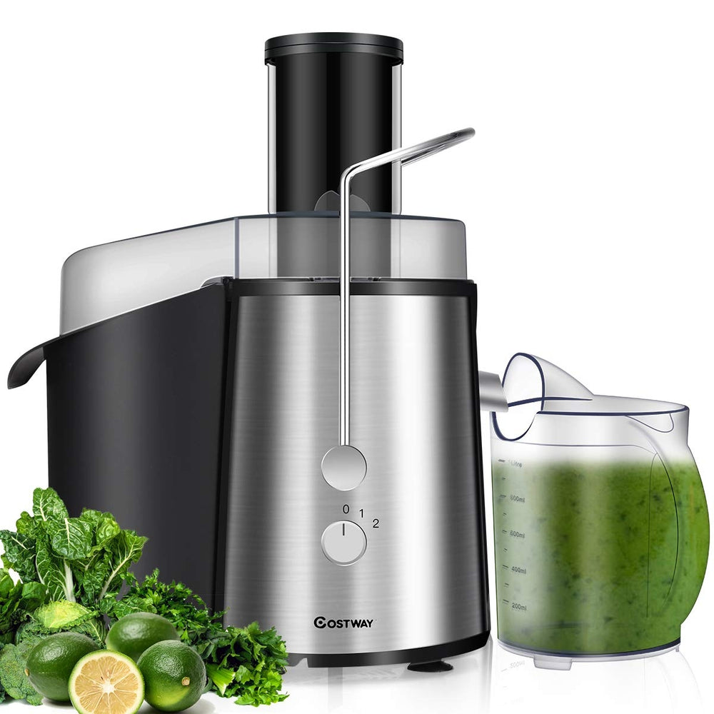 Electric juice press with stainless steel design, 75mm feeder chute, for easy juicing of whole fruits and vegetables.