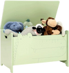 Green wooden kids toy box in a crocodile shape, featuring a safety hinge and handles for easy movement and storage.