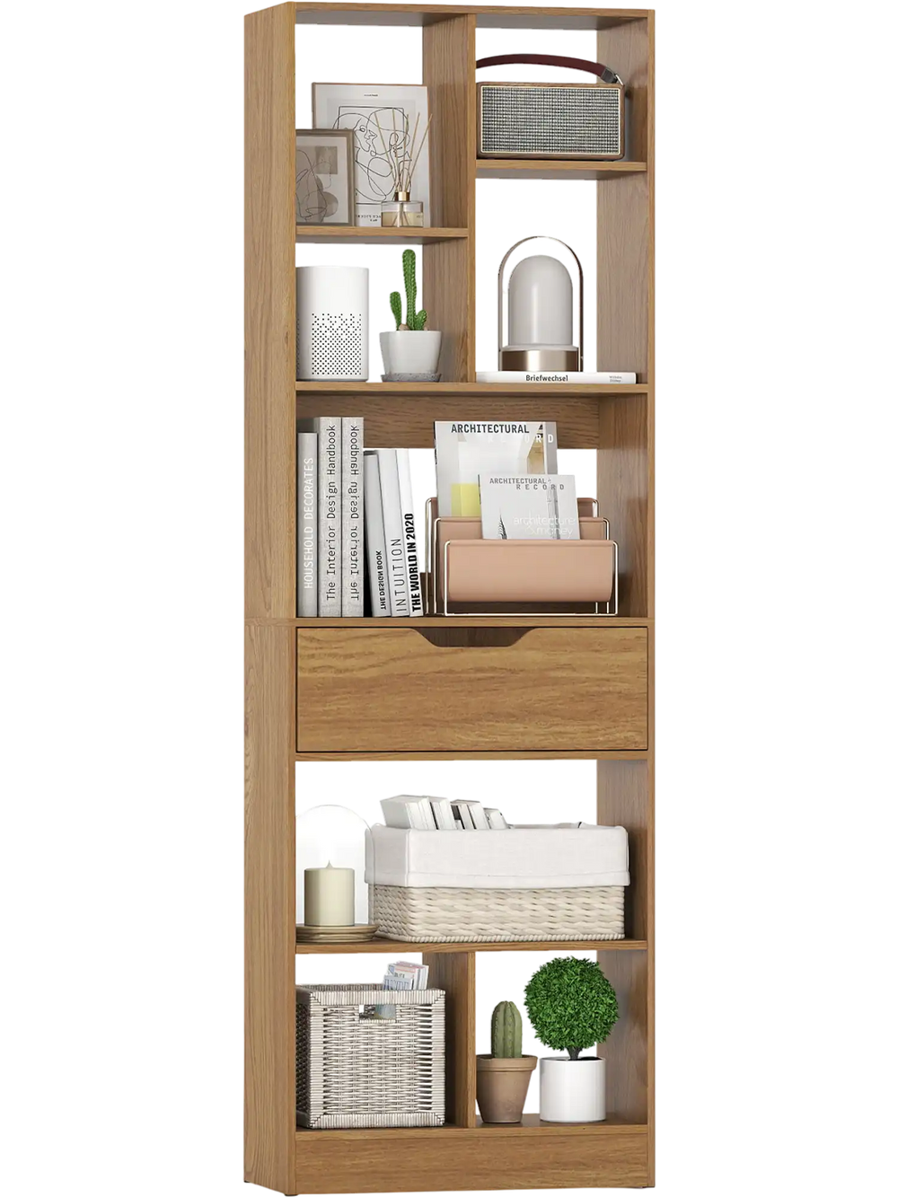 Tall freestanding bookcase with 8 open cubes and a drawer in natural finish, perfect for stylish storage solutions.