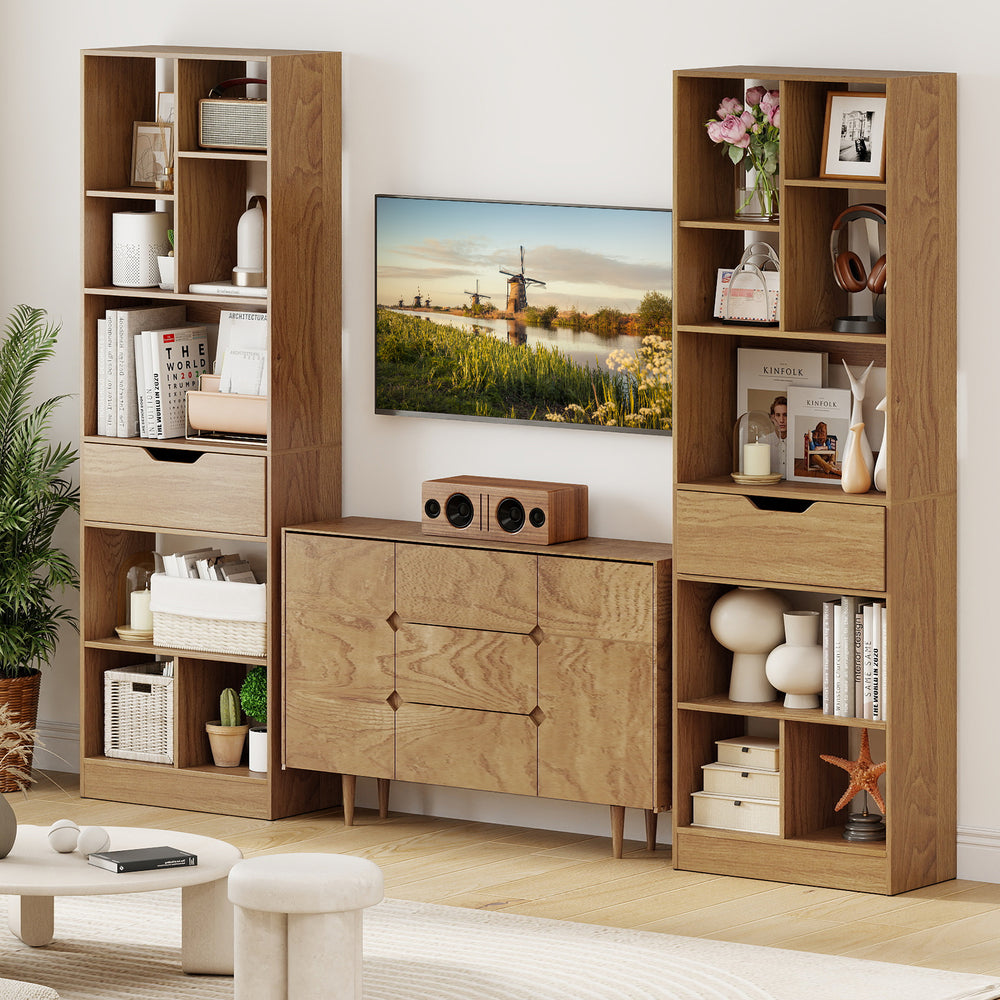 Tall freestanding bookcase with 8 open cubes and large drawer in natural finish, ideal for organized storage and modern.