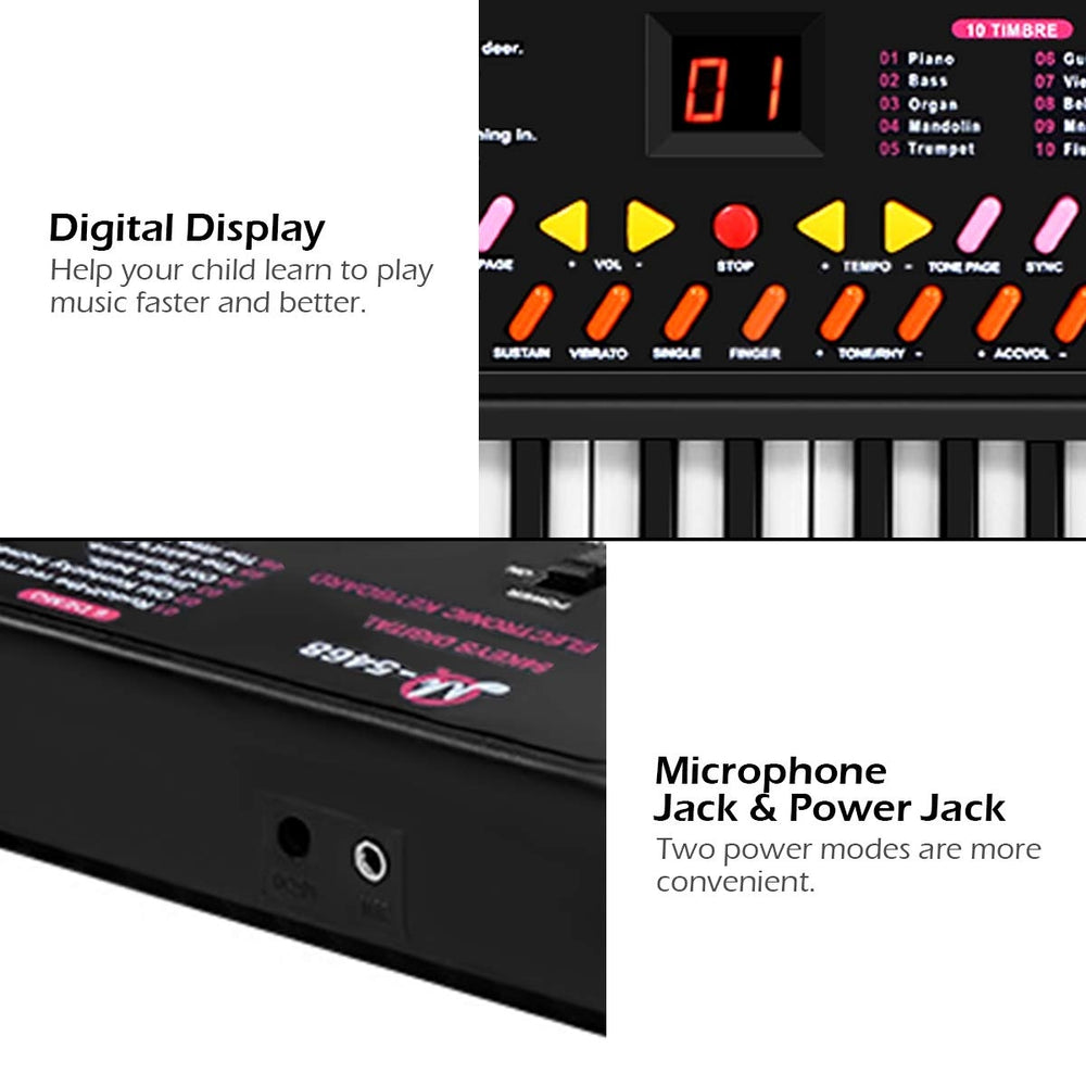 54-key kids electronic music piano with digital display, microphone jack, and recording functions for learning and fun.