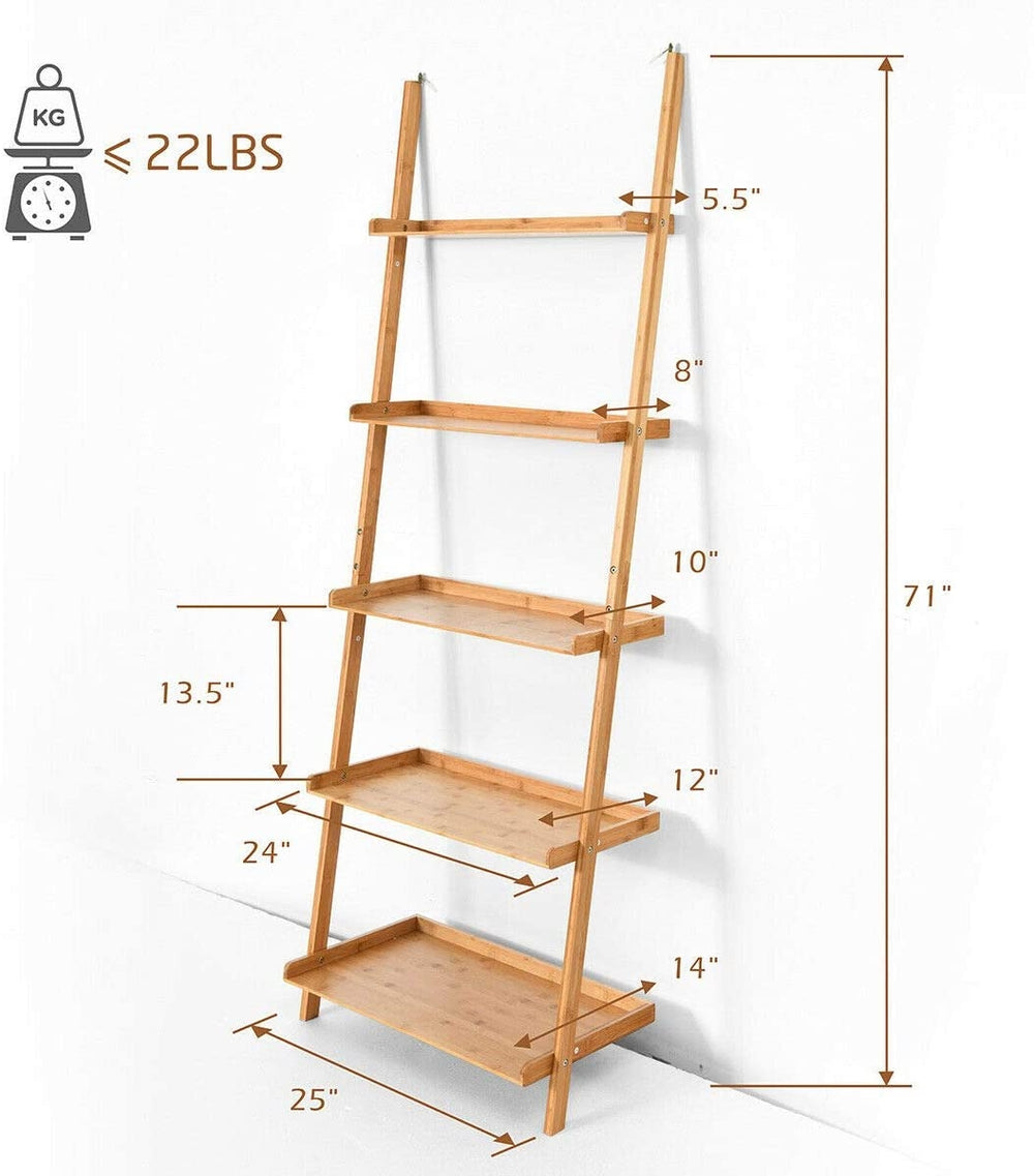 5-tier bamboo ladder shelf with wall-leaning design, featuring raised edges for stability and ample storage space.