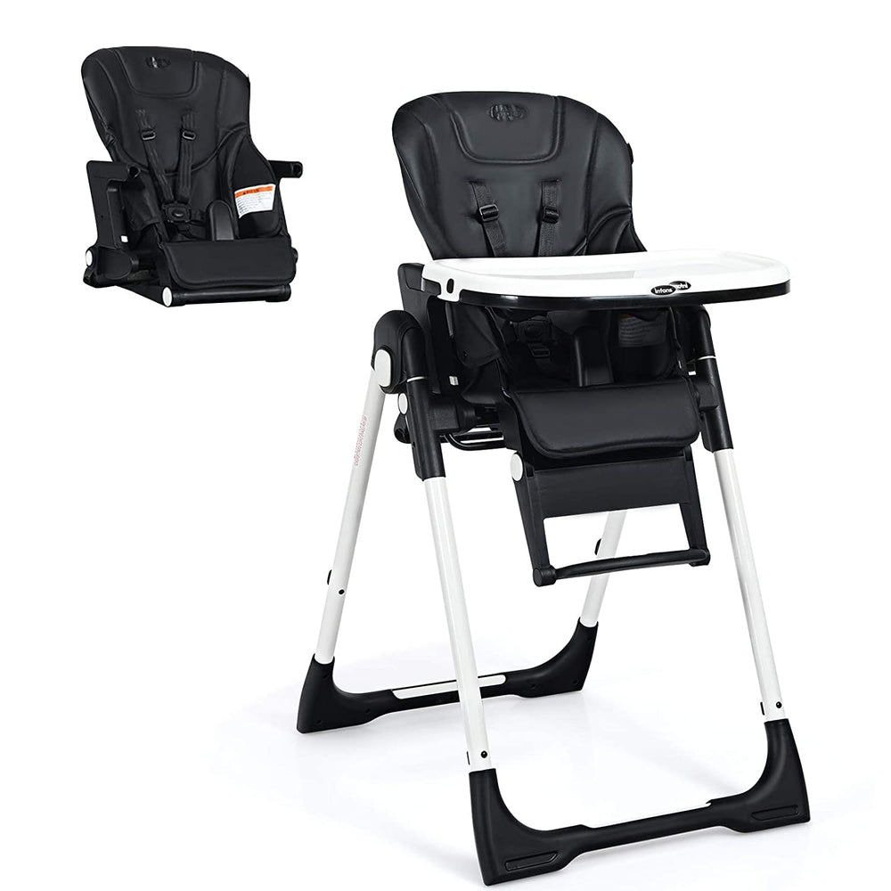 4-in-1 high chair in black with adjustable height, reclining backrest, and dual removable tray for baby feeding and.