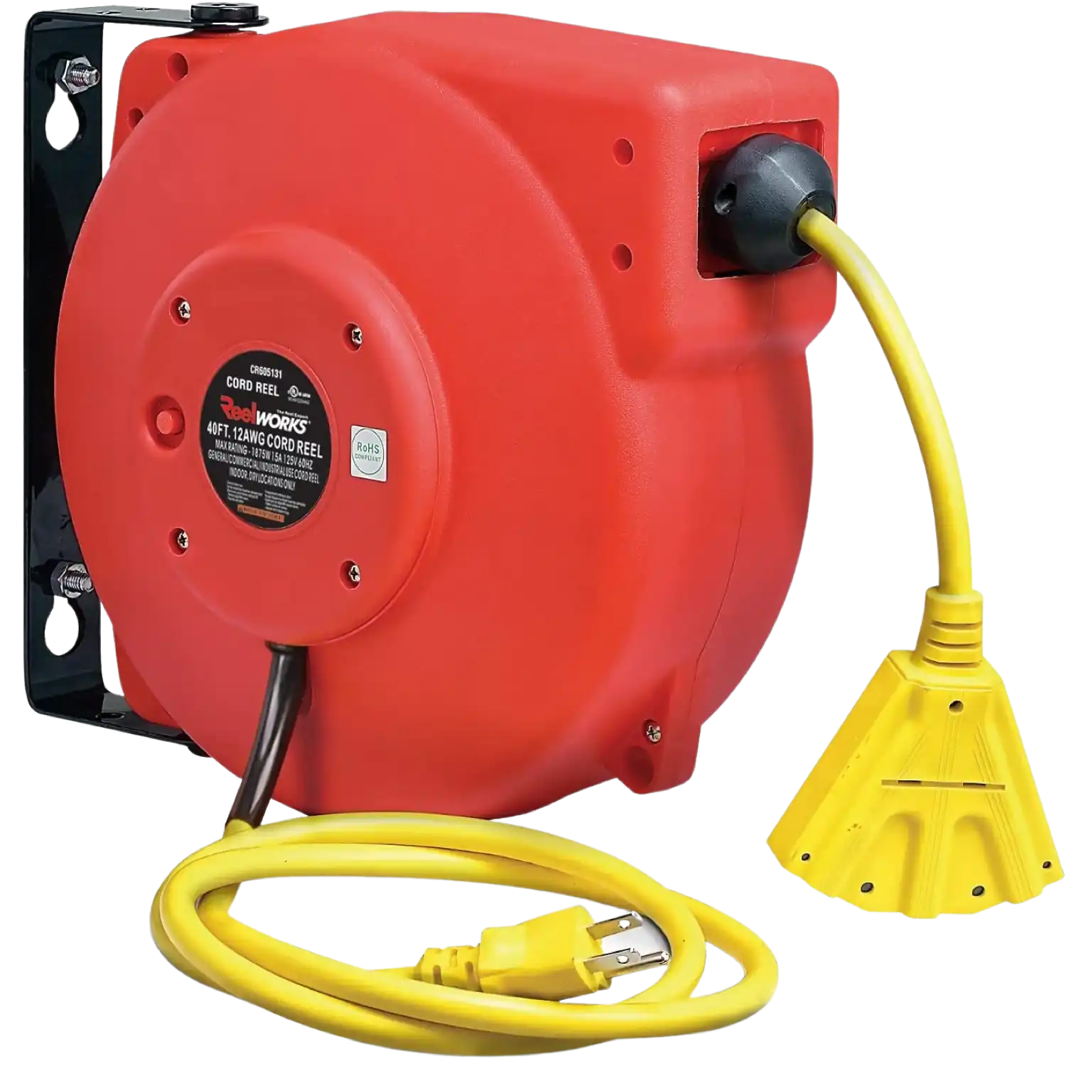 ReelWorks CR605131S3A 12 AWG x 40' 15 A 3 Grounded Outlets Retractable Extension Cord Reel New
