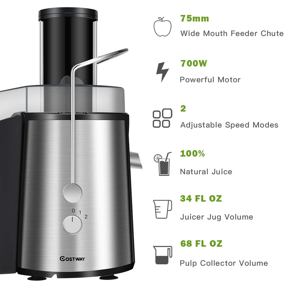 2 Speed Electric Juice Press with 75mm wide mouth feeder chute, 700W motor, and safety lock for easy fruit and.