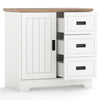 Farmhouse sideboard buffet cabinet in white with sliding doors and three drawers for organized kitchen storage.