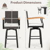 Outdoor 360° swivel bar stool with cushion, brown PE rattan, acacia wood armrests, ideal for backyard or poolside use.