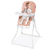 Compact pink highchair with adjustable tray, safety harness, and removable cushion for easy cleaning and storage.