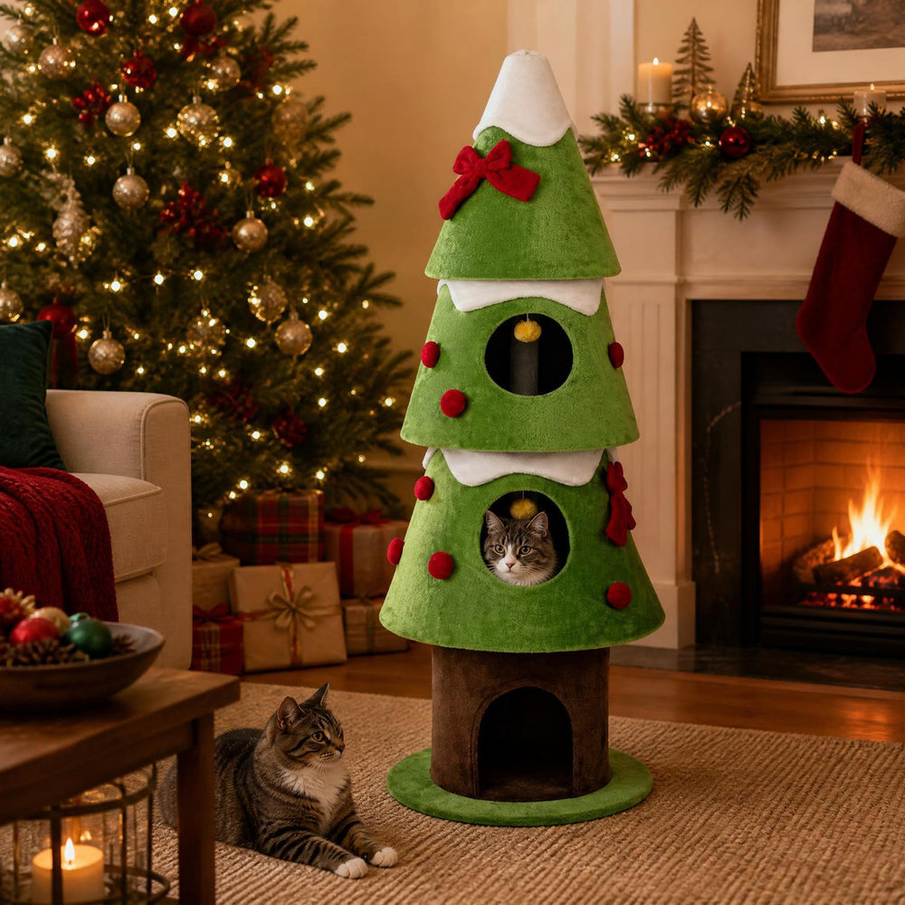Green 62" Christmas cat tree with three cozy condos and hanging balls, shown with cats beside a festive fireplace.