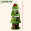 Dimension chart of the 62" green Christmas cat tree with 3 cozy condos and 2 hanging balls.