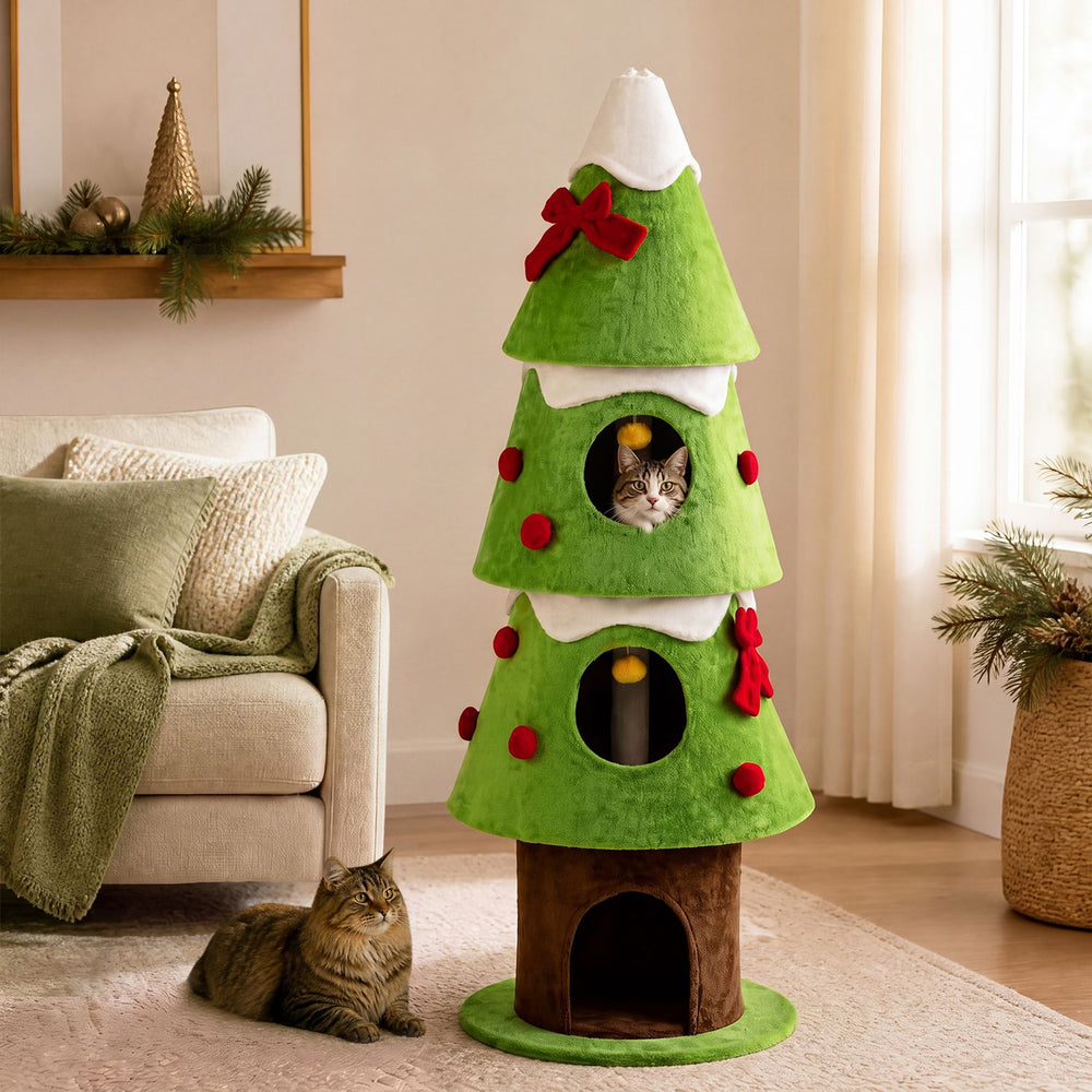 Green 62" Christmas cat tree with three cozy condos and hanging balls, shown with a cat in a festive living room.