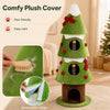 Green 62-inch Christmas cat tree with three cozy condos, snowy accents, bows, and hanging balls for holiday play.