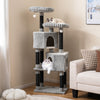 62-inch tall cat tower in light gray with two perches, condos, and scratching posts for active feline play and.