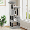 62-inch tall cat tower in light gray with plush perches, condos, and scratching posts for active cats and cozy lounging.