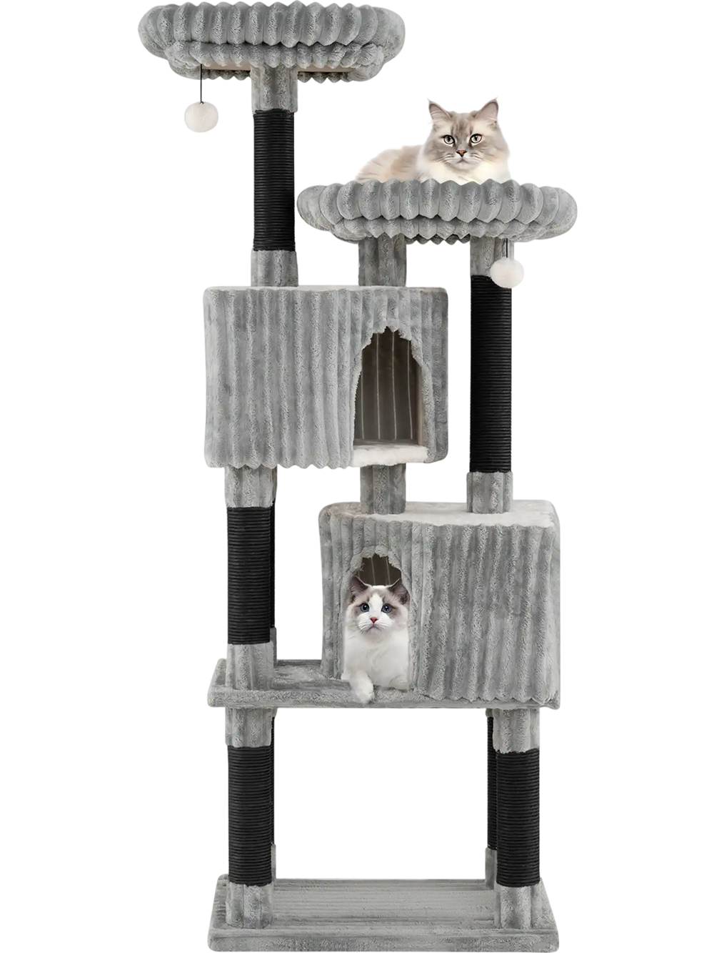 62-inch tall cat tower in light gray with two perches, condos, and scratching posts for active play and relaxation.