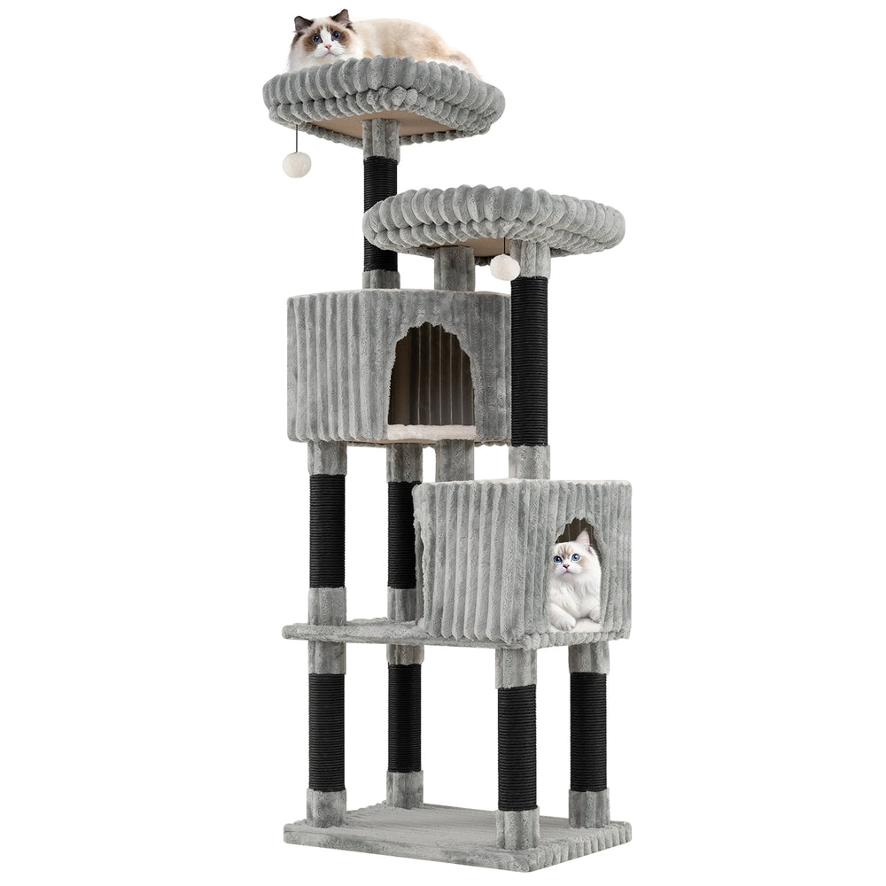 Tall cat tower in light gray with ribbed flannel, featuring two perches, condos, and scratching posts for active cats.