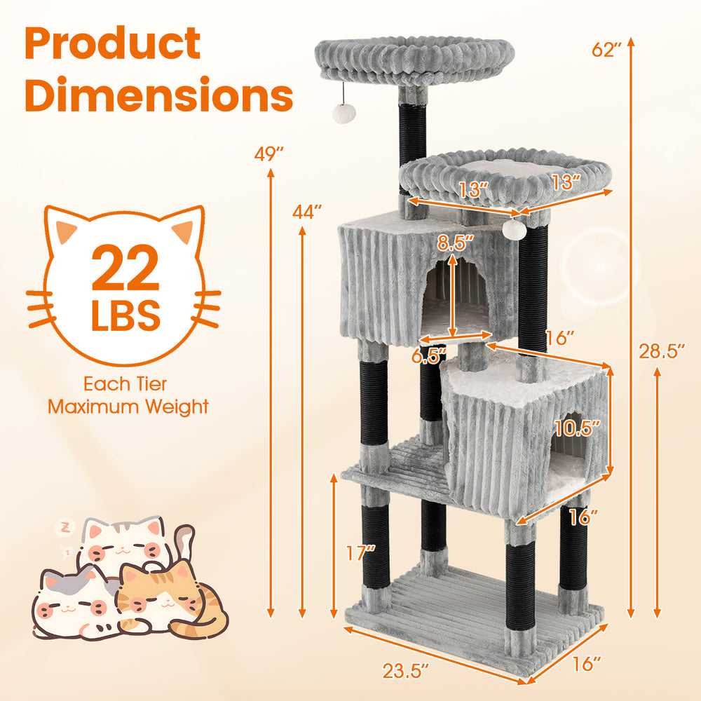 62-inch tall cat tower in light gray with scratching posts, dual condos, and detachable perches for active cats.