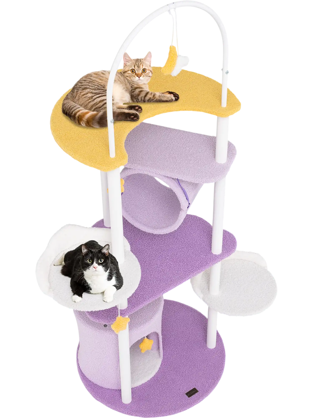 Large cat tower with purple and white platforms, featuring perches, tunnels, and removable toys for playful lounging.