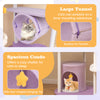 Large tunnel of a 62-inch purple cat tower with buckles for fixation, perfect for cats to explore and play.