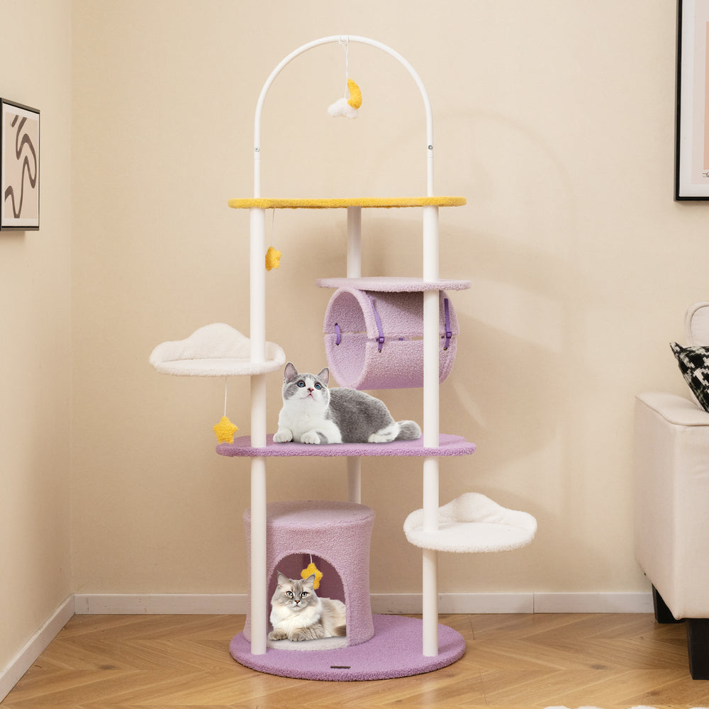Large purple cat tower with metal frame, featuring platforms, a tunnel, and removable toys for playful lounging.