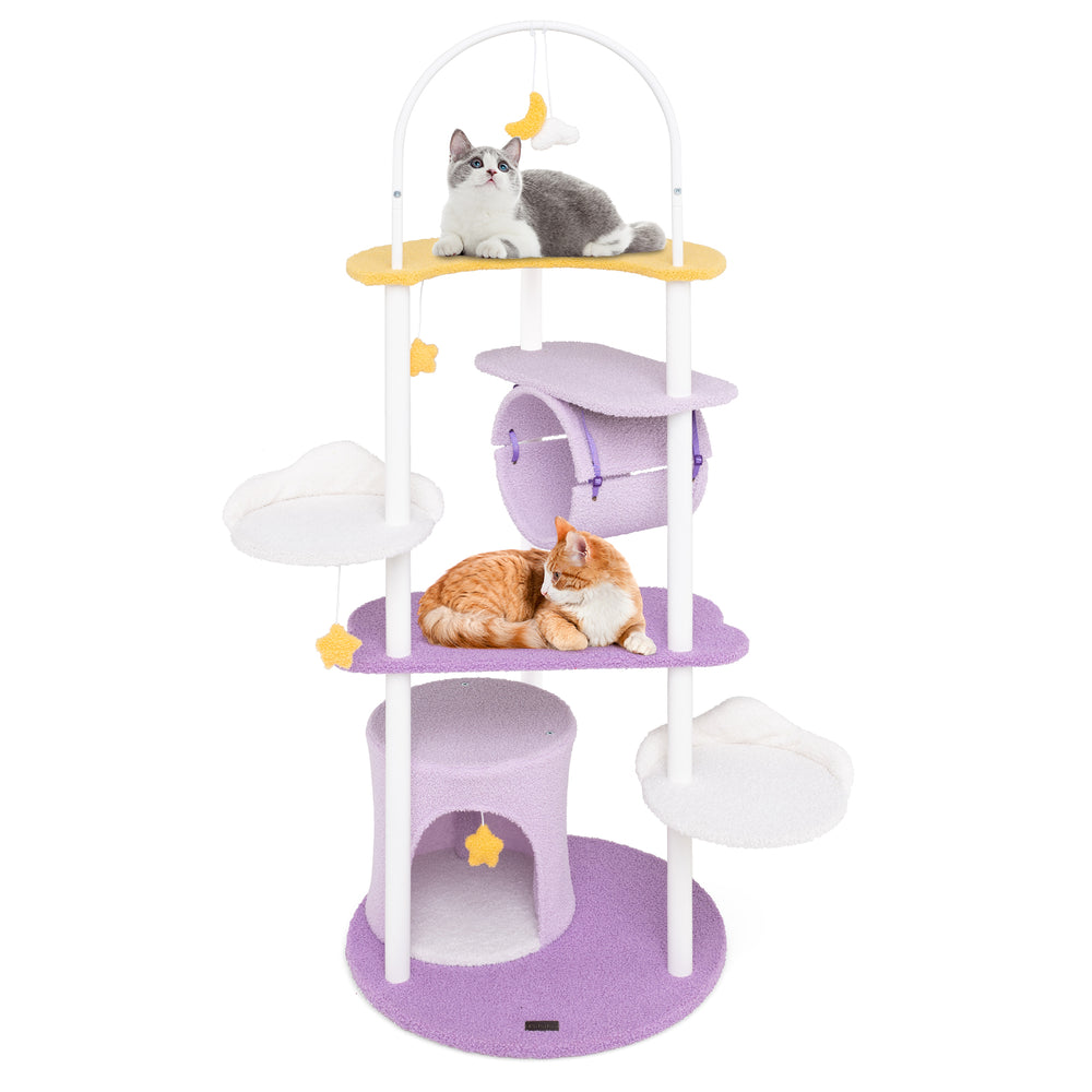 Large purple cat tower with metal frame, featuring cloud-shaped platforms, a spacious condo, and removable toys for fun.
