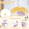 Large moon-shaped viewing platform on a 62-inch purple cat tower, featuring removable starry sky toys for playful.