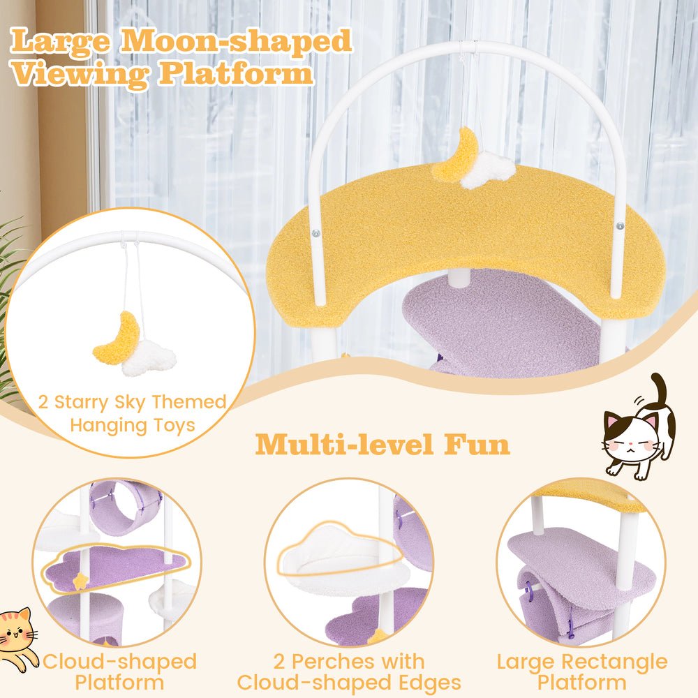 Large moon-shaped viewing platform on a 62-inch purple cat tower, featuring removable starry sky toys for playful.