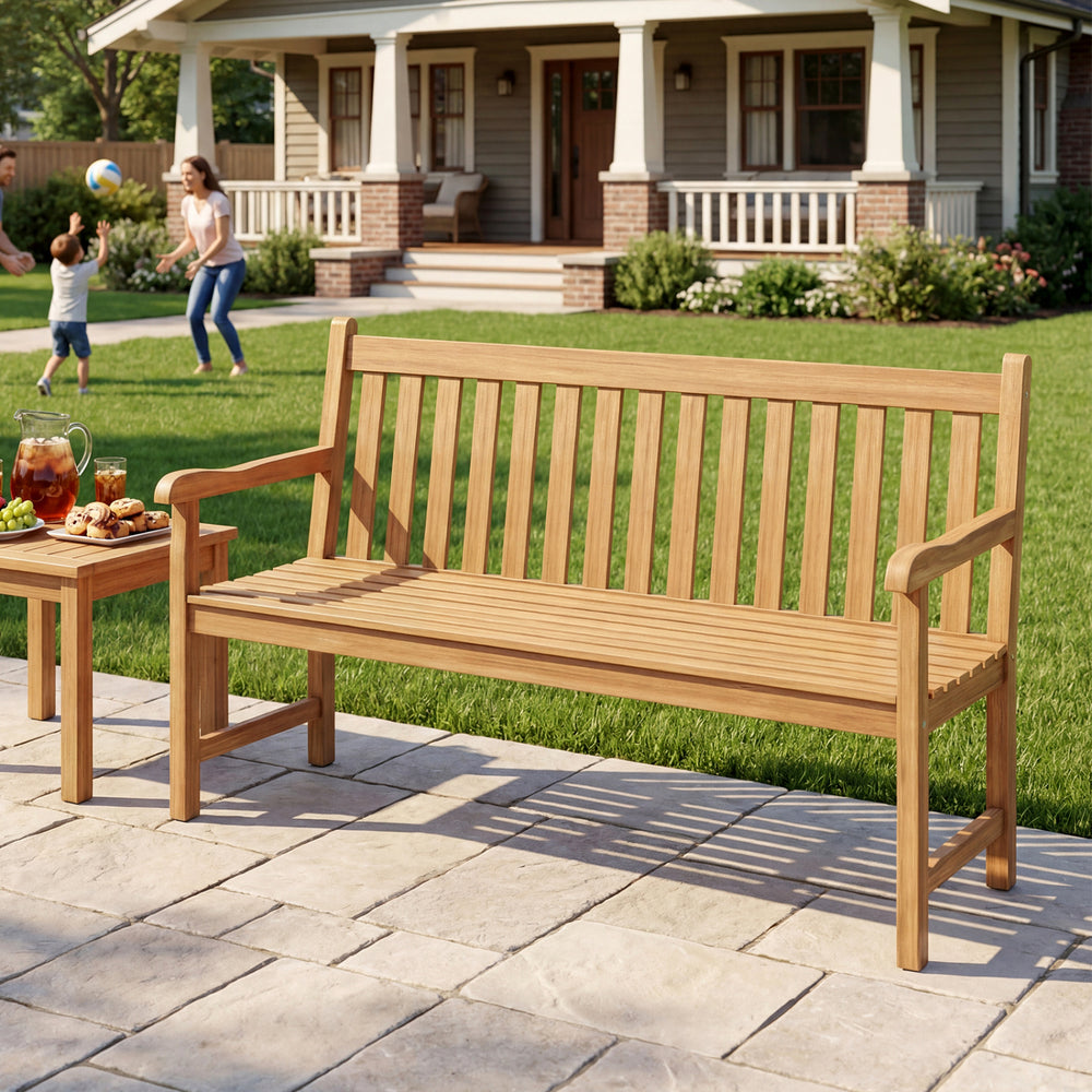 62inch Teak Outdoor Porch Bench 3-Seat Solid Wood Garden Patio Bench with Armrests - Gallery View 1 of 10