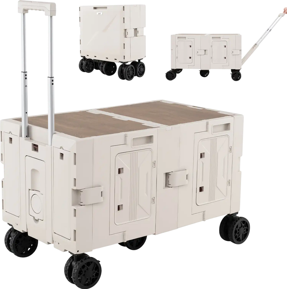 Large foldable utility cart in white with 2-tier storage crates, telescoping handle, and 5 noise-reduction wheels for.