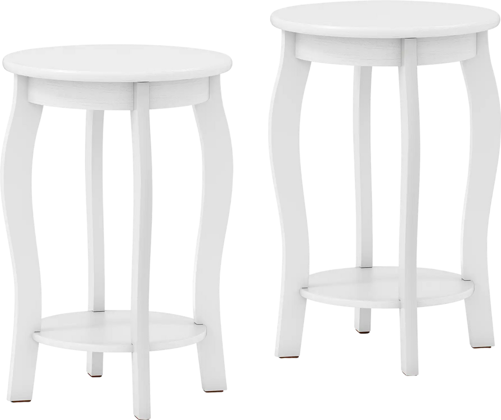 Set of 2 white 15-inch round end tables with storage shelf, featuring rubber wood legs for stability, ideal for any.