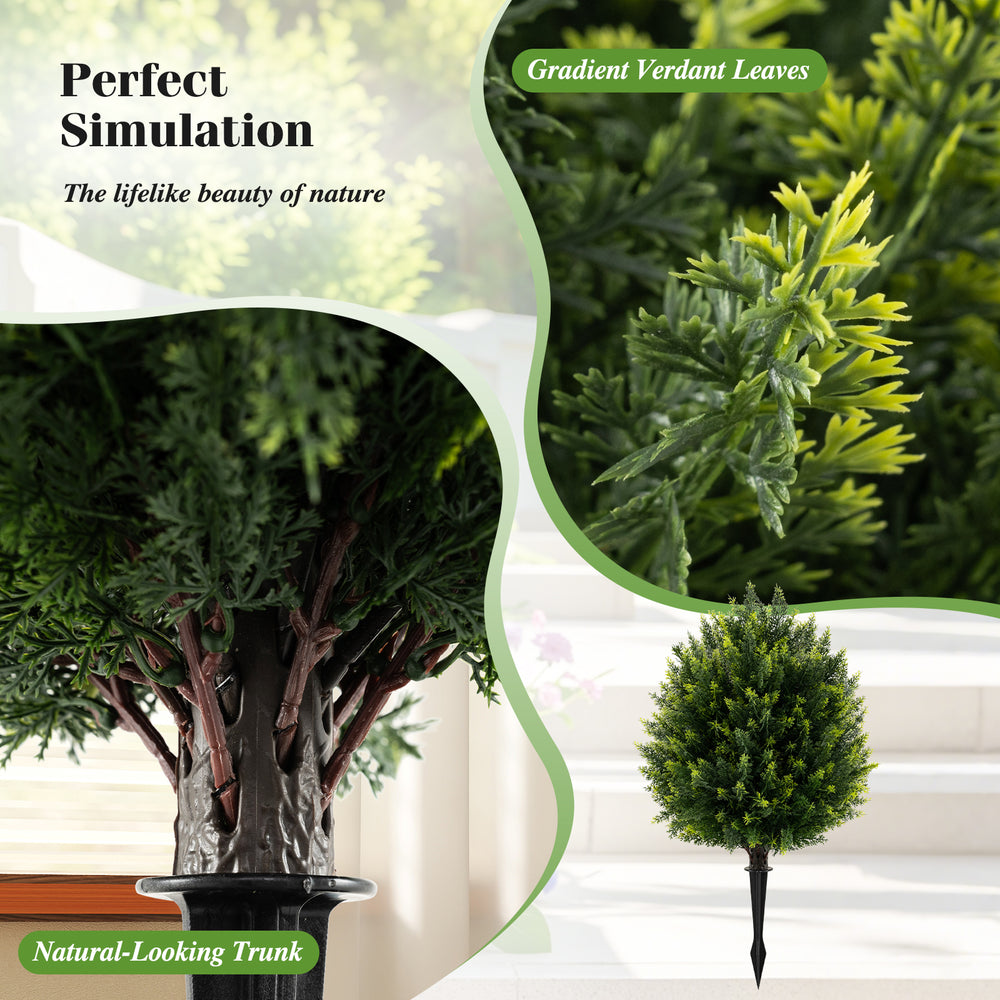 24-inch artificial cypress topiary ball tree with gradient leaves and natural trunk, ideal for indoor and outdoor decor.