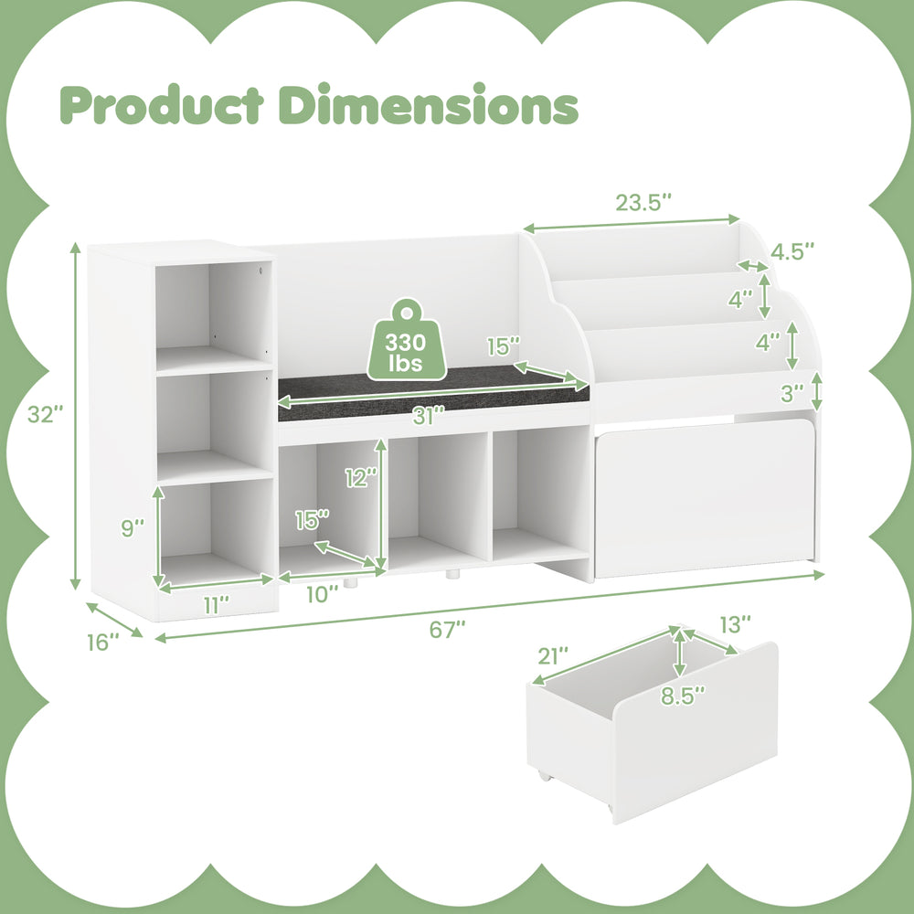 Dimensions of the Kids Bookcase with Reading Nook, featuring 6 storage cubbies and a movable drawer for versatile.