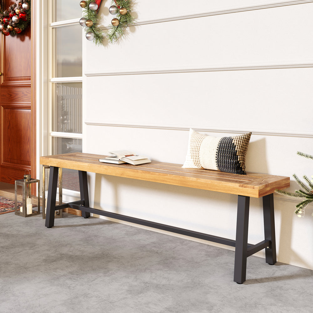 Backless 63-inch acacia wood patio bench with metal legs, perfect for entryways and outdoor spaces.