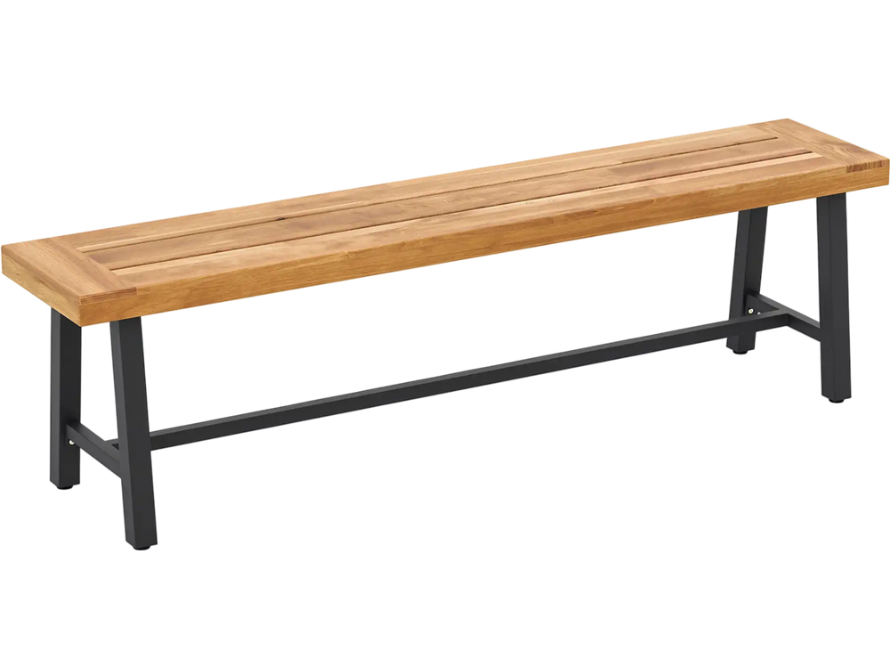 Backless 63-inch acacia wood patio bench with metal legs, suitable for 3 people, ideal for outdoor spaces.