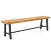 Acacia wood backless bench with metal frame, 63 inches long, ideal for patio or backyard seating for three people.