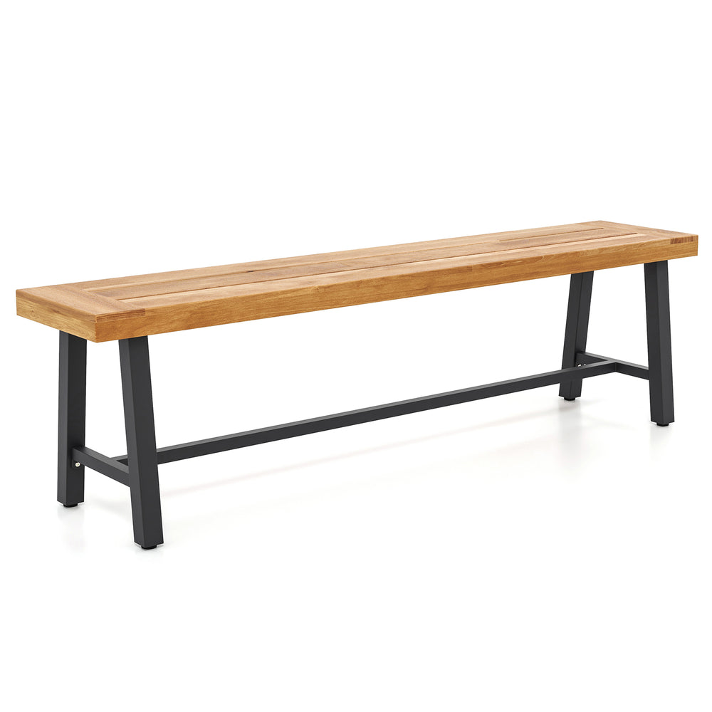 Acacia wood backless bench with metal frame, 63 inches long, ideal for patio or backyard seating for three people.