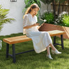 Backless 63-inch acacia wood patio bench with metal legs, perfect for outdoor seating in gardens or porches.