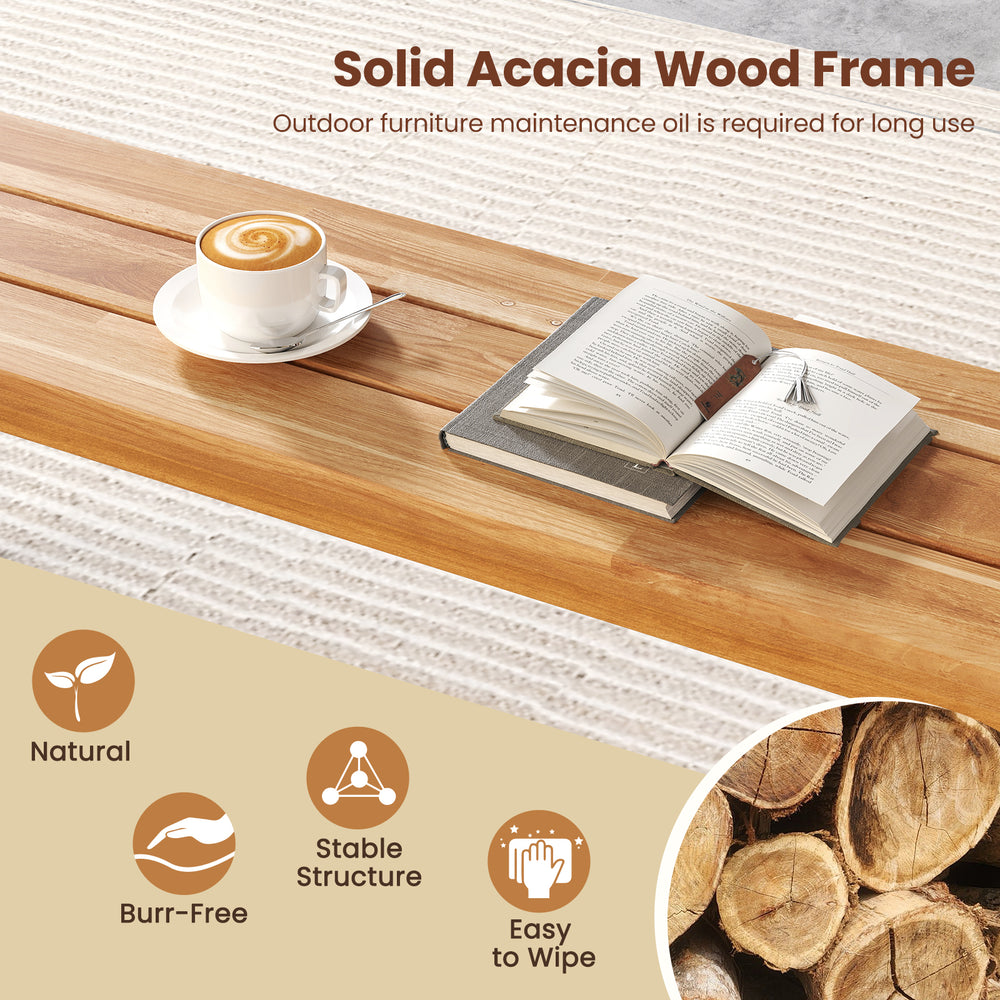 Backless 63-inch acacia wood patio bench with a smooth, splinter-free surface, ideal for outdoor seating and easy.