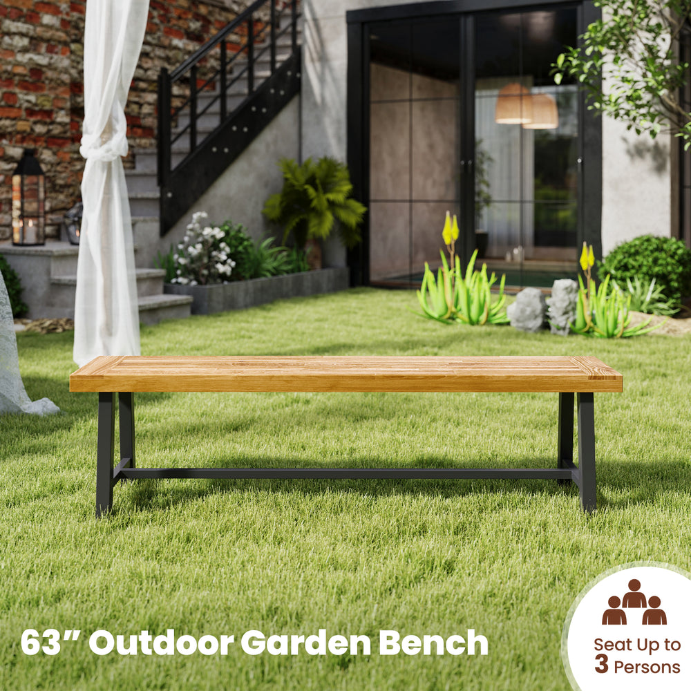 63-inch backless acacia wood outdoor bench with metal legs, seating up to 3 persons, ideal for patio or backyard use.
