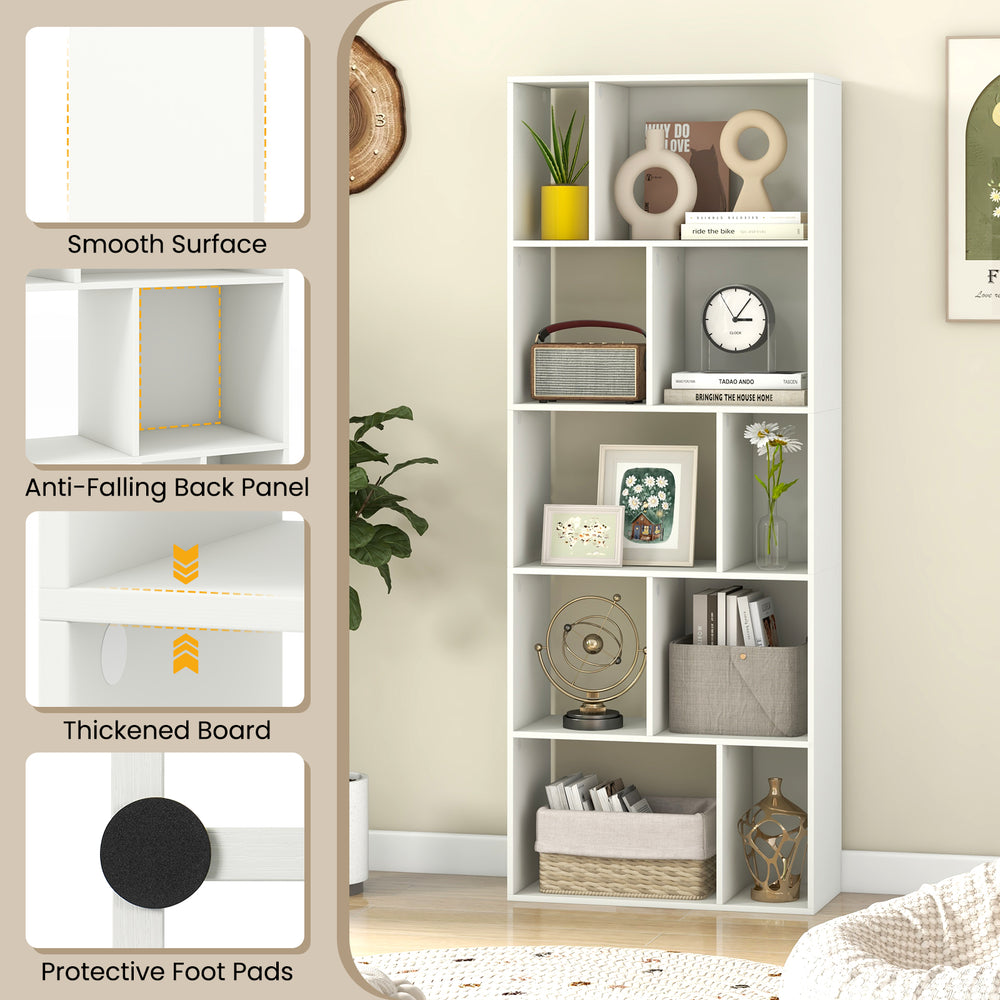 Close-up of the thickened board and anti-falling back panel of a 63-inch white geometric bookshelf for enhanced.