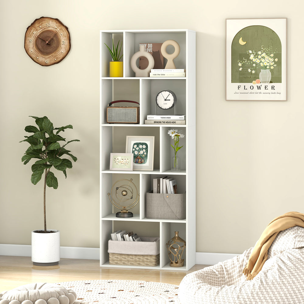 63-inch tall white geometric bookshelf featuring 10 cubes for storage and display, ideal for living room or office use.