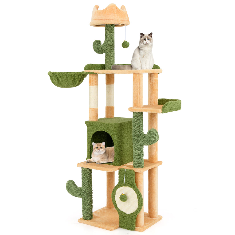 Cactus cat tree with plush crown perch, spacious condo, and sisal scratching posts for indoor cats' play and rest.