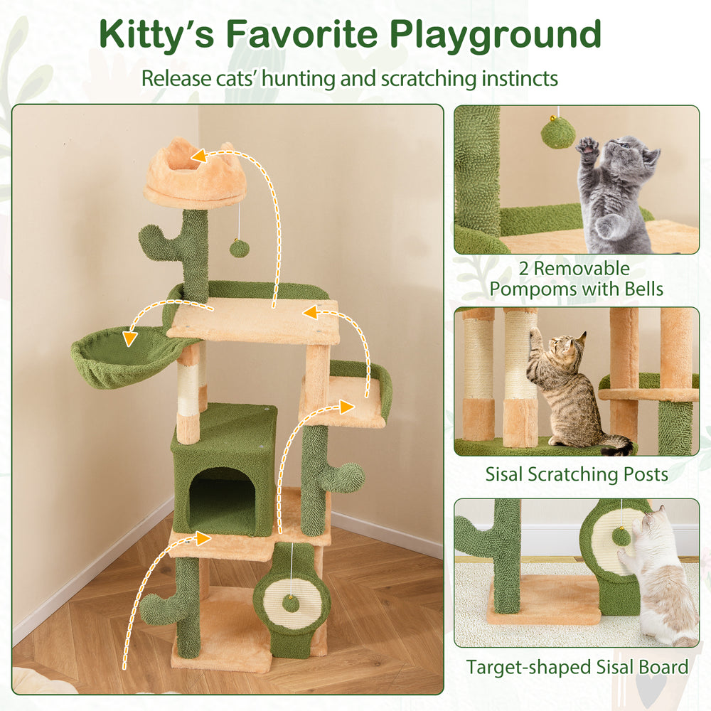 Cactus cat tree featuring sisal scratching posts, plush perches, and removable pom-poms for indoor cats' play and rest.