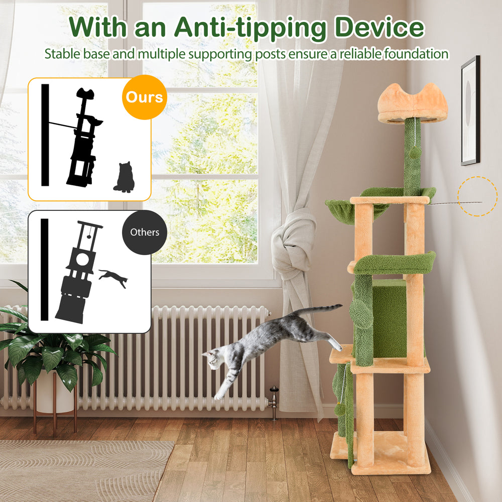 Cactus cat tree with plush crown perch, sisal scratching posts, and stable anti-tipping design for indoor cats.