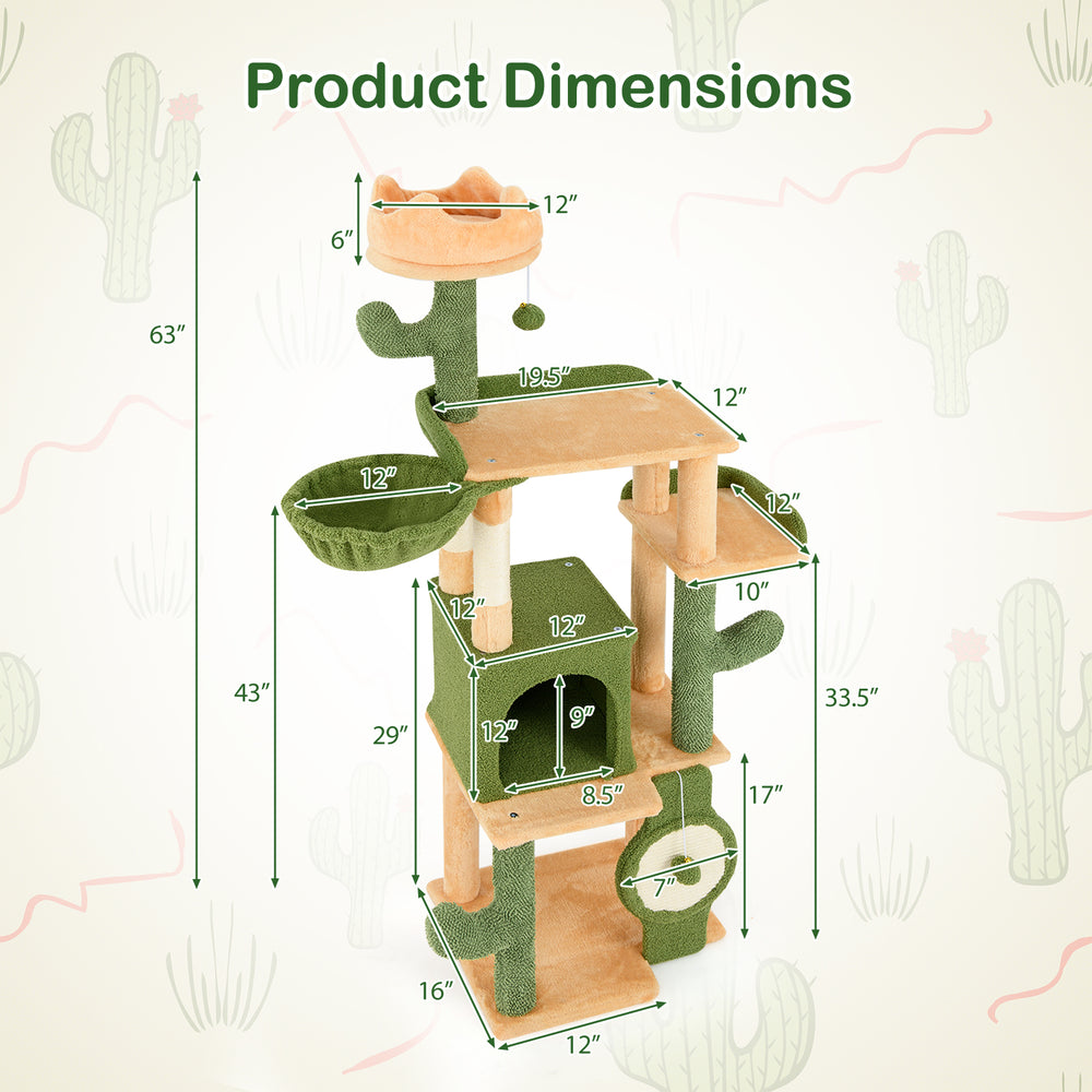 Dimensions of the 63-inch cactus cat tree featuring sisal scratching posts and cozy hideaway for indoor cats.