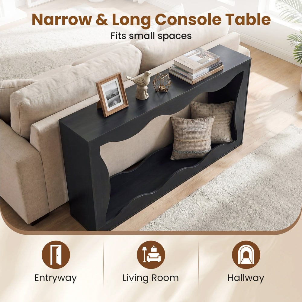 Narrow 63-inch black console table with wavy edge design, featuring 2-tier storage for entryway or hallway use.