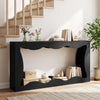 Black 63-inch console table with wavy edge design, featuring a spacious top and open bottom shelf for stylish storage.