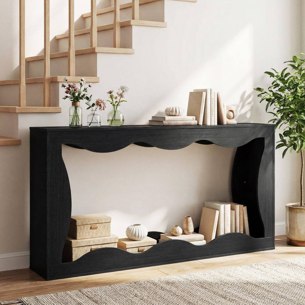 63 Inch Console Table 2-Tier Narrow Entryway Table with Wavy Edge Storage Shelf-Black - Gallery View 1 of 10