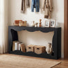 Black 63-inch console table with wavy edge design, featuring 2-tier storage for entryway or living room use.