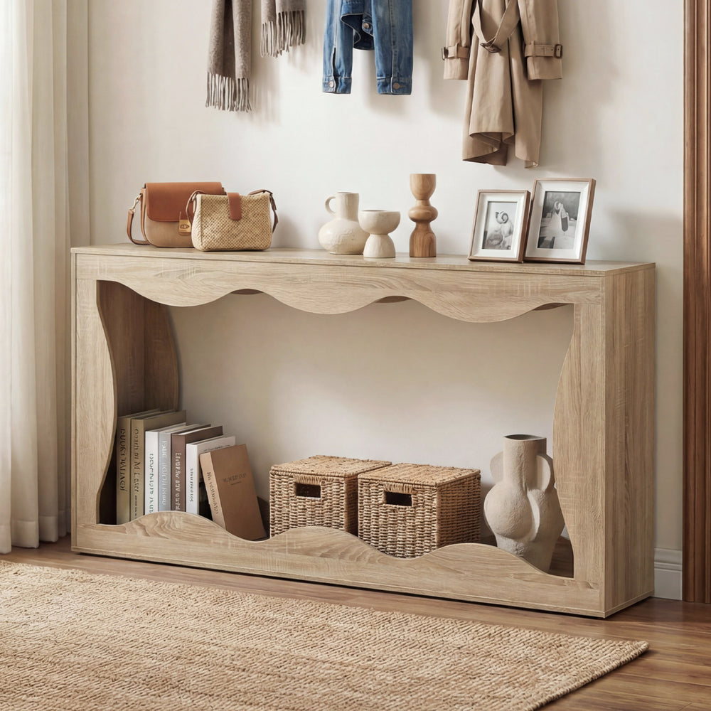 63 Inch Console Table 2-Tier Narrow Entryway Table with Wavy Edge Storage Shelf-Natural - Gallery View 1 of 10